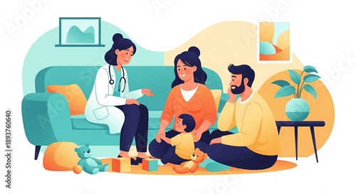 Female pediatrician consulting with parents and child during home visit illustration