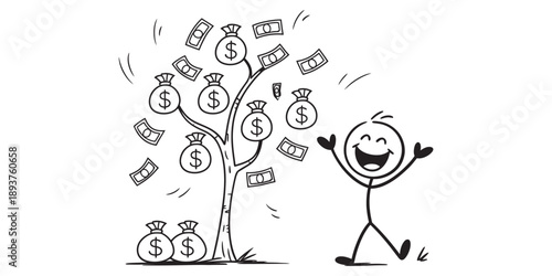 A happy stick figure celebrates financial success from a tree growing money bags and bills. Vector, illustration
