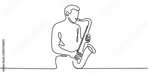Continuous line art drawing of a man playing a saxophone, showcasing the elegance of music Vector, illustration