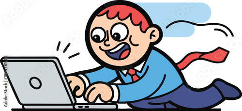 Cartoon Businessman Working on Laptop Computer.