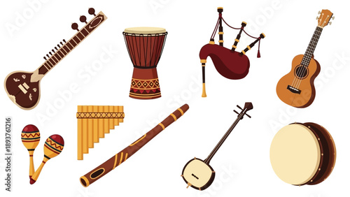 Assorted Traditional Musical Instruments Displayed Together.