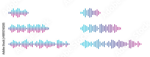 Collection of gradient-colored sound waves. Music wave visualization symbols, equalizer music sound waves, audio, and other sound-related items. Graphic equalizer sign. Vector illustration