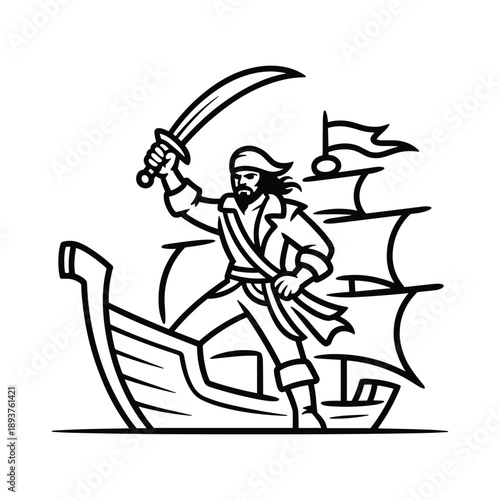 Stylized line art illustration of a fearsome pirate standing on a ship deck holding a cutlass