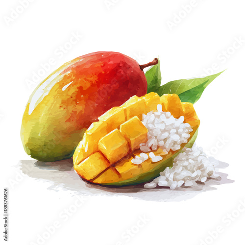 Watercolor Mango Sticky Rice vector, artistic painting style, high-resolution illustration on a pure white background.