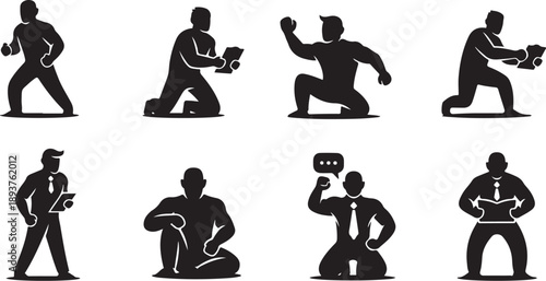 Silhouette of businessmen in various poses and actions