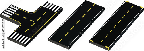 Isometric road segments set featuring intersection crosswalks straight asphalt lanes and highway elements for navigation transport infrastructure design