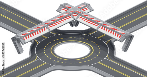 Isometric road roundabout with elevated pedestrian bridge and multi lane intersections illustrating modern urban traffic infrastructure transportation and city planning design