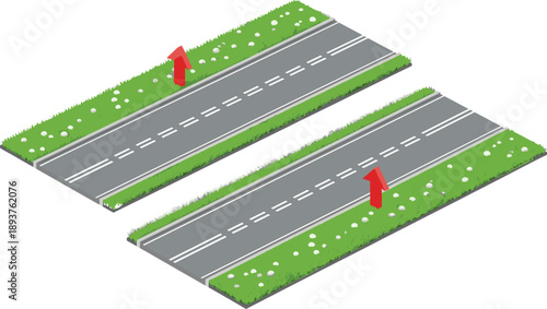 Isometric road segments with grassy roadside arrows and asphalt lanes illustrating traffic direction for navigation transport infrastructure and urban planning design