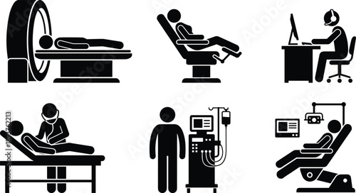 Medical hospital treatment icons set, patient diagnostic procedures, imaging therapy consultation, healthcare equipment workflow, clinic care silhouettes, flat vector illustration