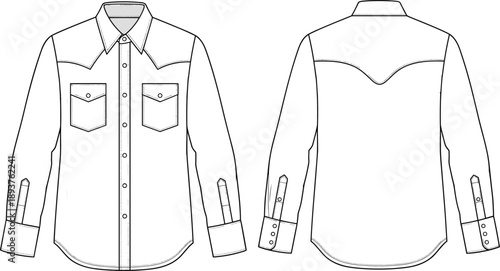 Blank long sleeve western denim shirt technical sketch illustration featuring front and back views with pointed yokes and double chest pockets for fashion design