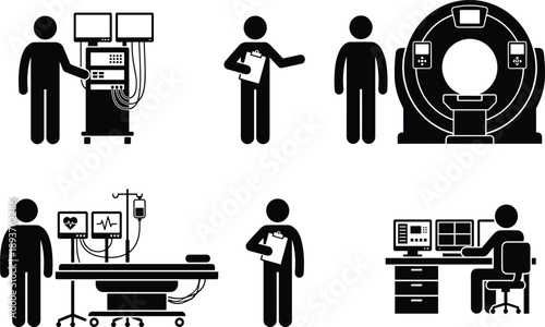 Medical diagnostic workflow icons, hospital radiology scan systems, patient monitoring equipment, clinical examination process, healthcare technology, black silhouette illustration set