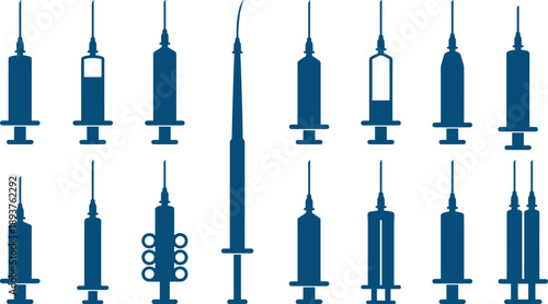Medical syringe icons set, injection needle silhouettes, vaccination equipment collection, healthcare immunization tools, hospital medical devices, flat vector illustration design