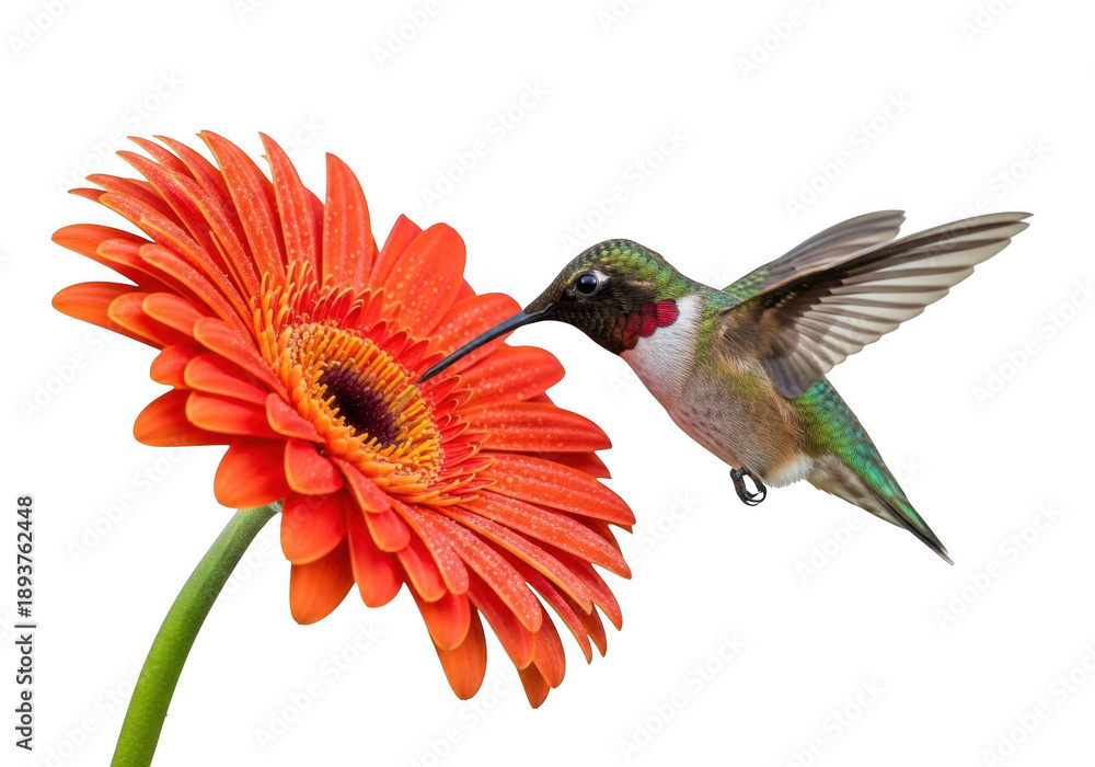 Fototapeta premium Vibrant hummingbird feeding on orange gerbera daisy flower isolated on transparent background