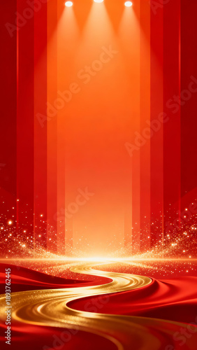 Stage background with red curtains spotlight and golden road