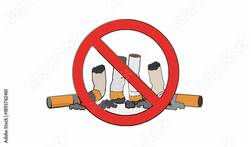 No smoking sign with extinguished cigarette butts and red prohibition symbol isolated on white