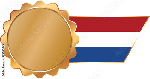 A shiny gold award seal featuring a circular metallic center with a flag of Netherlands on ribbon with gold outline