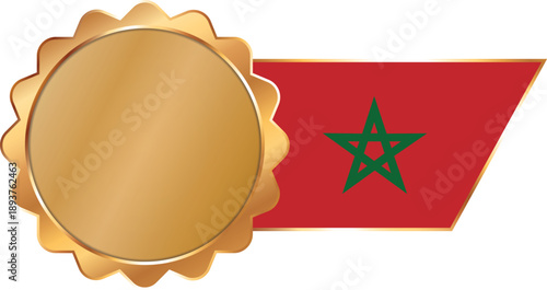 A shiny gold award seal featuring a circular metallic center with a flag of Morocco on ribbon with gold outline