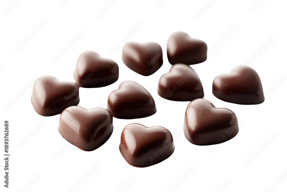 Fototapeta premium Assorted chocolate hearts scattered on a surface, perfect for valentine's day gift or romantic gesture isolated on transparent background