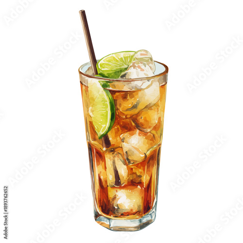 Long Island Iced Tea watercolor vector illustration, high-quality artwork isolated on a pure white background.
