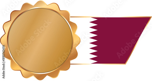 A shiny gold award seal featuring a circular metallic center with a flag of Qatar on ribbon with gold outline