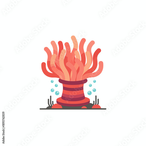 Stylized illustration of a pink and red sea anemone with turquoise bubbles on a white background
