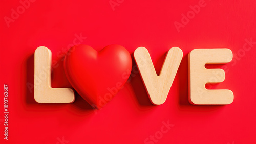 Wooden letters spelling LOVE with red heart on vibrant red background create warm and affectionate atmosphere