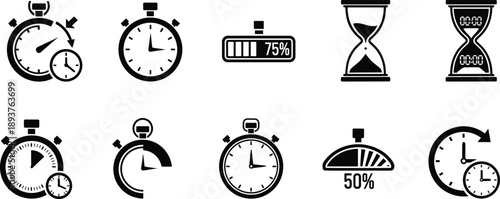 Time tracking and progress icon set with stopwatch, timer, hourglass, battery indicator, and percentage gauges isolated on white background