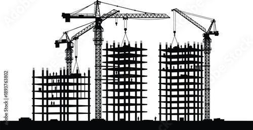 Urban construction site silhouette with tower cranes building high rise concrete structures industrial architecture development skyline concept city growth progress