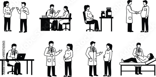 Pregnancy medical consultation icons set showing doctors and pregnant women, prenatal care, maternity health services, obstetrics checkup, diagnosis, treatment, and healthcare illustration concepts
