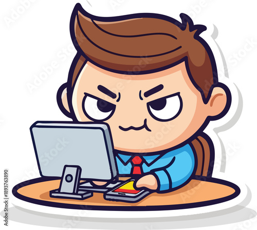 Angry Cartoon Man Working on Computer 1.