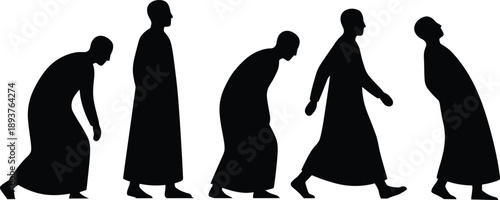 Black silhouette set of monks in long robes showing various poses including walking, bowing, and standing for spiritual conceptual design.