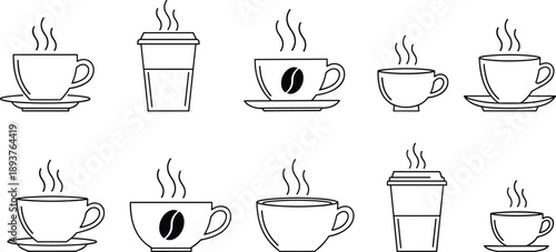 Coffee cup and takeaway mug outline icon set showing hot beverages, steaming drinks, cafe menu symbols, morning caffeine concept, and minimal line design