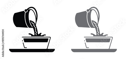 Pouring icon from measuring cup of abstract liquid. Black flat label for culinary or medical projectses. 