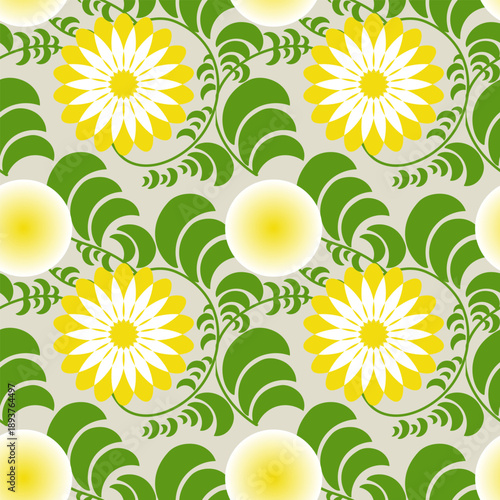 Seamless Floral Pattern with Yellow Flowers and Green Leaves on Light Background