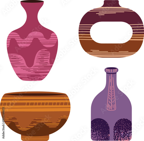 Decorative Vases, tall pink vase, horizontal stripes, curved wave-like patterns, brown oval vase