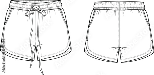 Women casual shorts front and back view technical fashion drawing, elastic waist apparel design illustration, black and white outline clothing template isolated on white background