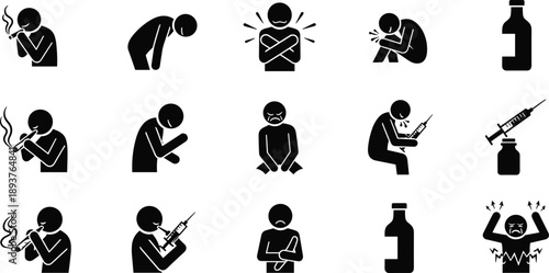 Drug addiction and substance abuse icon set showing smoking, injection, withdrawal pain, overdose symptoms, and health consequences isolated on white background