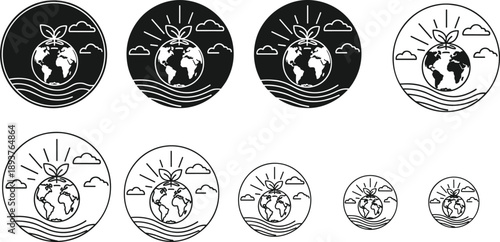 Eco earth logo collection with sprouting plant global sustainability nature conservation environmental protection icons in minimal line art and circular badge style