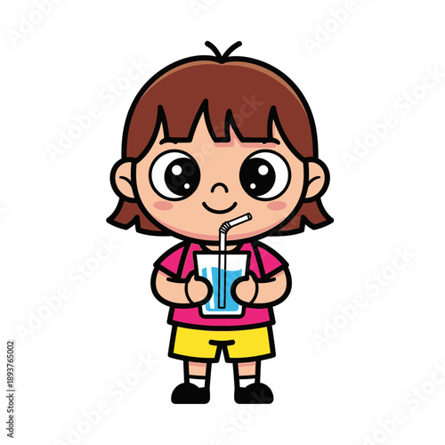 Happy Boy Drinking Soda Illustration – Cute Child with Soft Drink Cup for Kids, Beverage & Lifestyle Design