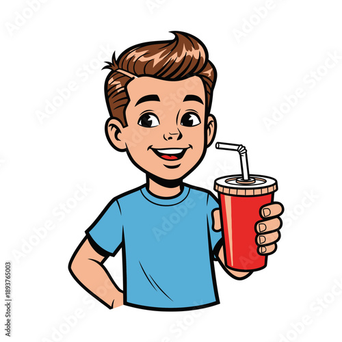 Happy Boy Drinking Soda Illustration – Cute Child with Soft Drink Cup for Kids, Beverage & Lifestyle Design