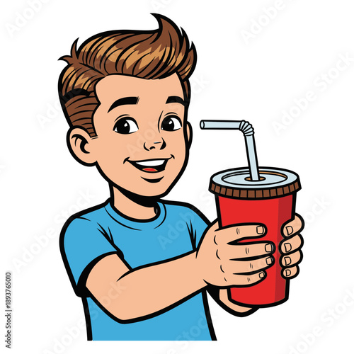 Happy Boy Drinking Soda Illustration – Cute Child with Soft Drink Cup for Kids, Beverage & Lifestyle Design