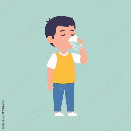 Boy Drinking Water Illustration – Child Hydration and Healthy Lifestyle Cartoon for Education & Wellness Design