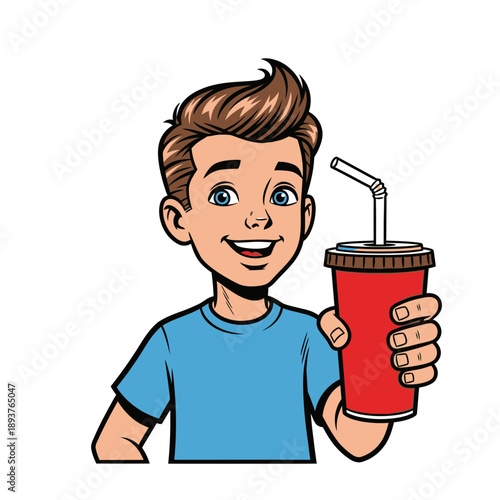 Happy Boy Drinking Soda Illustration – Cute Child with Soft Drink Cup for Kids, Beverage & Lifestyle Design