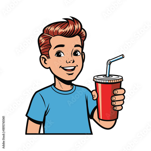 Happy Boy Drinking Soda Illustration – Cute Child with Soft Drink Cup for Kids, Beverage & Lifestyle Design