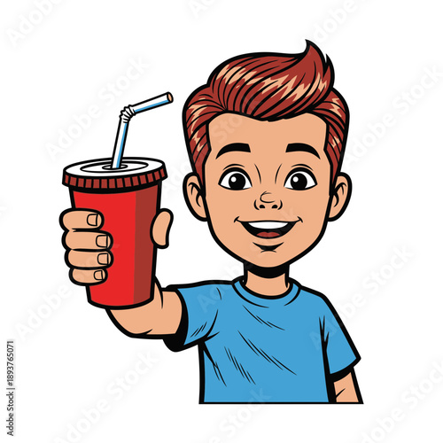 Happy Boy Drinking Soda Illustration – Cute Child with Soft Drink Cup for Kids, Beverage & Lifestyle Design