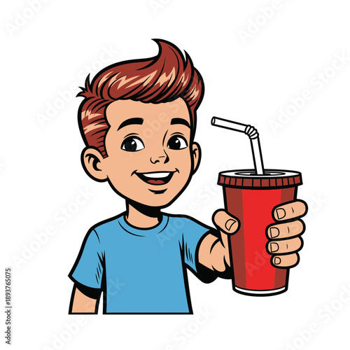 Happy Boy Drinking Soda Illustration – Cute Child with Soft Drink Cup for Kids, Beverage & Lifestyle Design