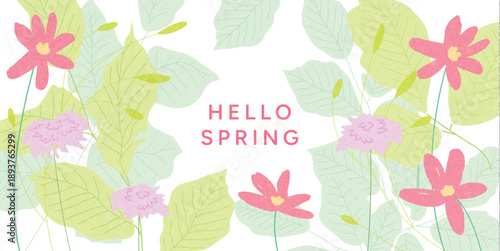 Hello Spring greeting card with hand drawn flowers and leaves. Soft green botanical background. Spring floral template for womens day 8 march and mothers day.
