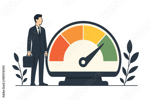 Business man standing near performance meter showing progress growth success level and work efficiency result flat vector illustration