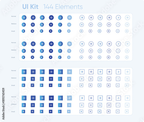 Comprehensive UI Kit with 144 Interface Elements. Reload Controls, Page Navigation, Pagination Arrows, and Symbol Icons with Focus, Loading and Hover States. Components buttons, icons state and layout