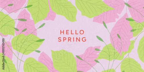 Hello Spring greeting card with hand drawn leaves and branches. Soft pastel botanical frame on light background. Spring floral template for womens day and mothers day